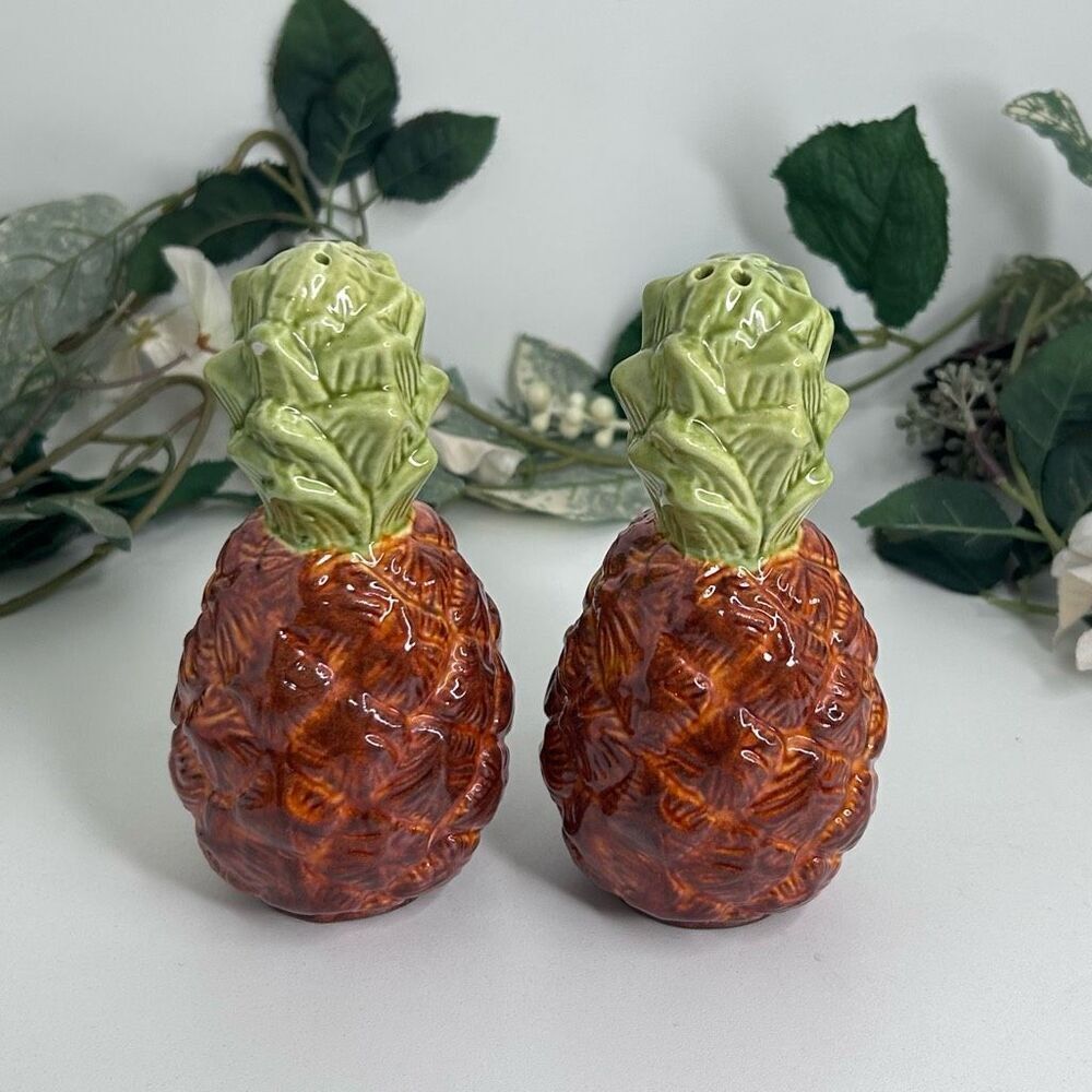 Vintage Pineapple Salt And Pepper Shakers Set 5.5" Brown Green Glazed Ceramic